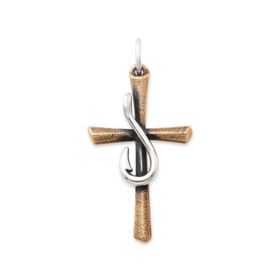 Fishers of Men Sculpted Cross Pendant in Sterling Silver and Bronze